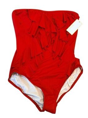 Michael Kors Strapless Bandeau One Piece Swimsuit Cascading Ruffle Red Size 12